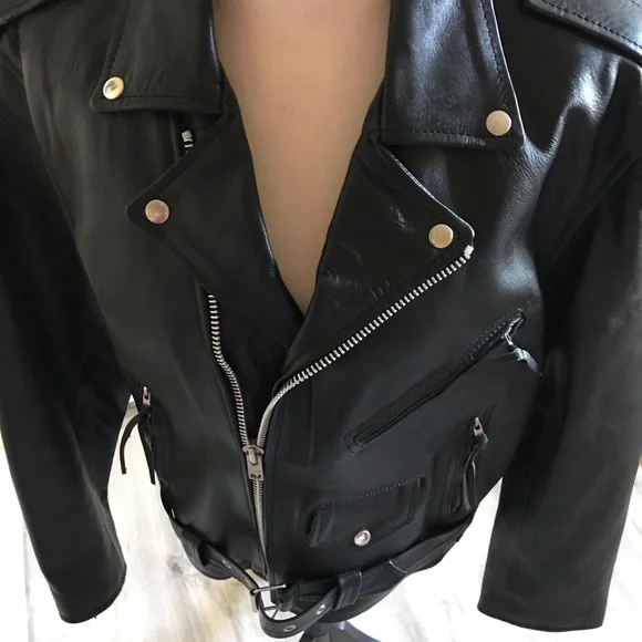 Shaf Black Motorcycle Biker Leather Jacket Men’s Size 42 NWOT Belted - Picture 4 of 14